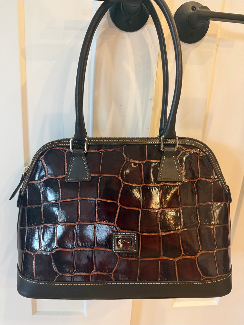 Dooney & Bourke Dark Brown Croc-Embossed Satchel with Black Trim